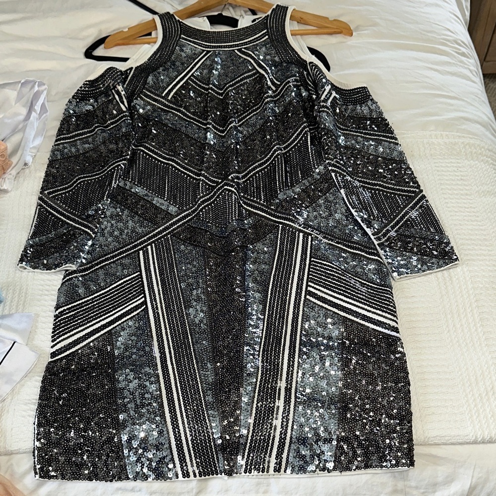 Express Black and Silver Sequin Long Sleeve Dress